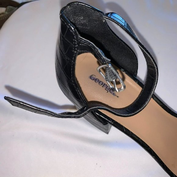 Crocodile Vegan Leather Ankle Strap Block Heels Sandals Black Size 9 George - Picture 7 of 12